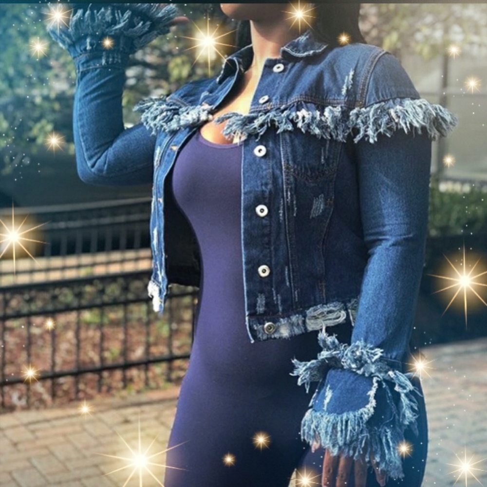 Jean Denim Jacket Frayed Distressed Womens